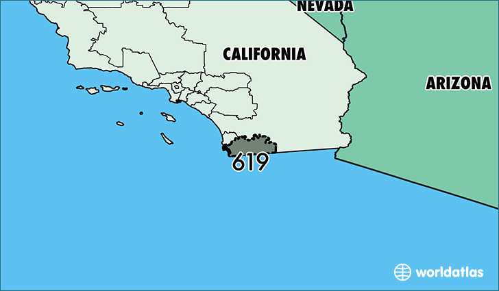 Map of California with area code 619 highlighted