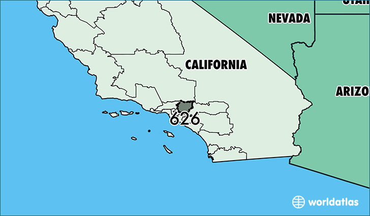 Map of California with area code 626 highlighted