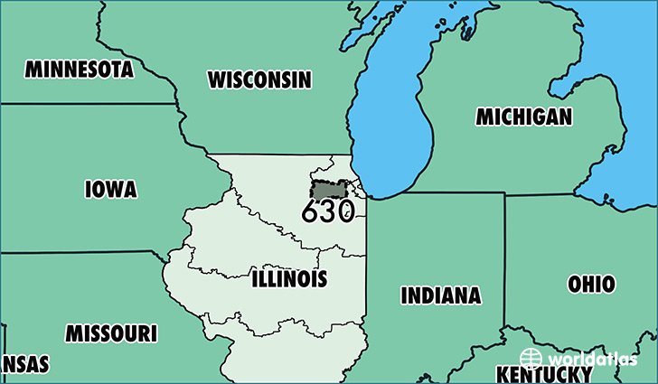 Map of Illinois with area code 630 highlighted