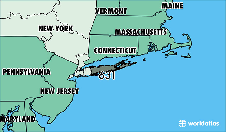 Map of New York with area code 631 highlighted
