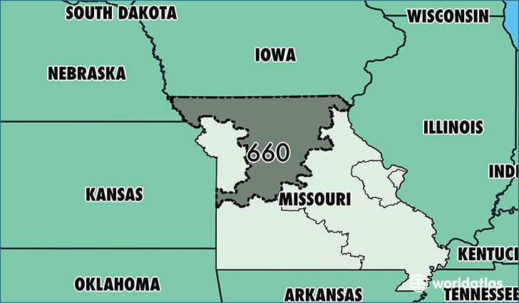 Map of Missouri with area code 660 highlighted