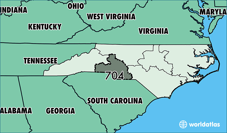 Map of North Carolina with area code 704 highlighted