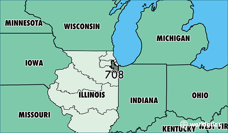 Map of Illinois with area code 708 highlighted