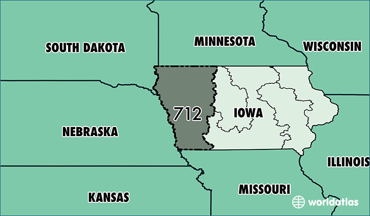 Map of Iowa with area code 712 highlighted