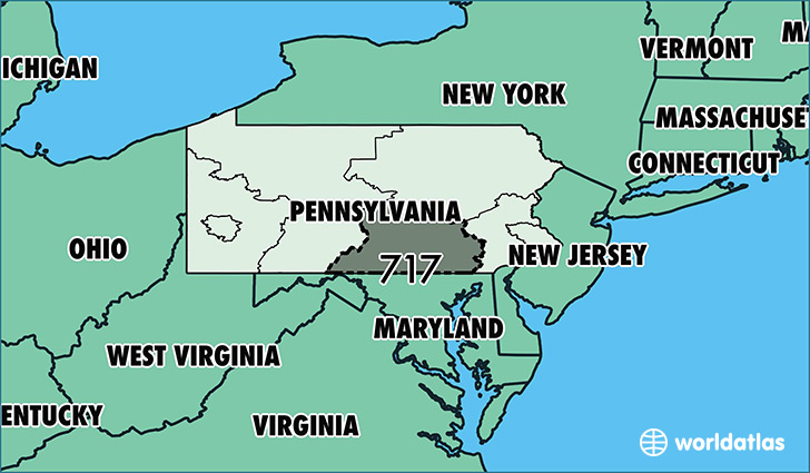 Map of Pennsylvania with area code 717 highlighted