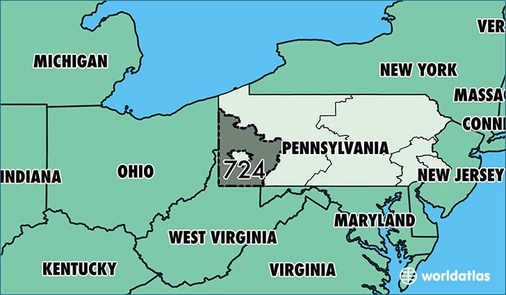 Map of Pennsylvania with area code 724 highlighted