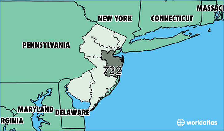 Map of New Jersey with area code 732 highlighted