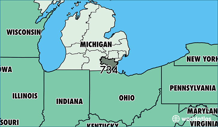Map of Michigan with area code 734 highlighted