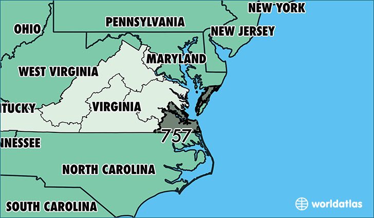 Map of Virginia with area code 757 highlighted