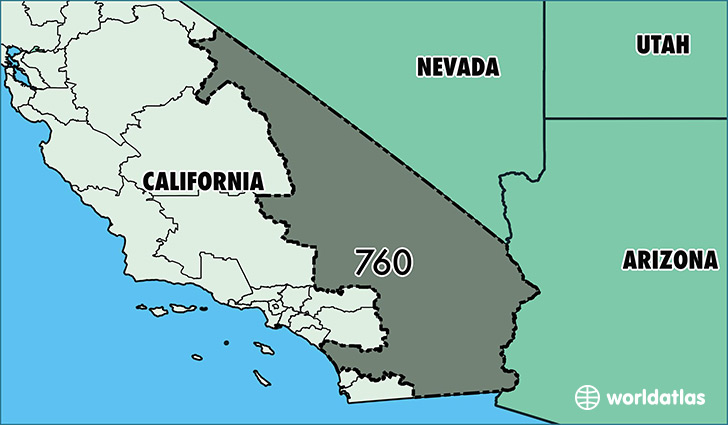 Map of California with area code 760 highlighted