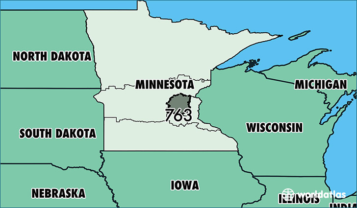 Map of Minnesota with area code 763 highlighted