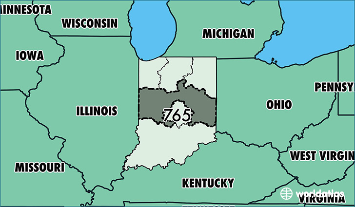 Map of Indiana with area code 765 highlighted