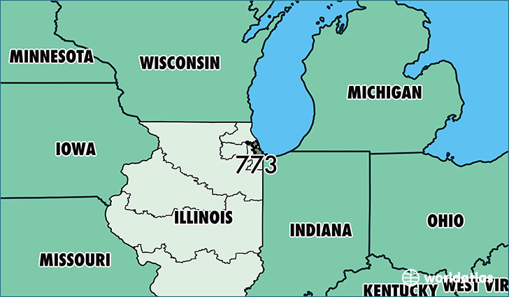 Map of Illinois with area code 773 highlighted
