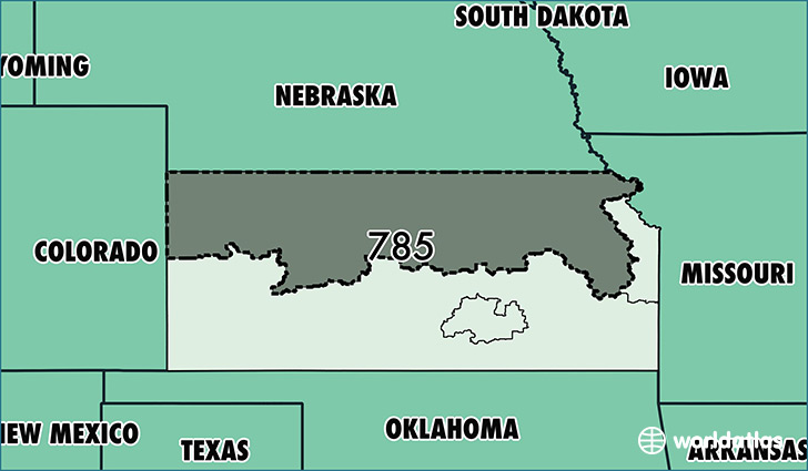 Map of Kansas with area code 785 highlighted