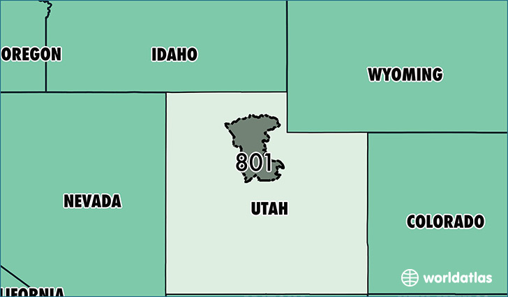 Map of Utah with area code 801 highlighted