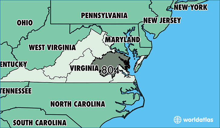 Map of Virginia with area code 804 highlighted