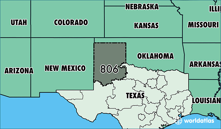 Map of Texas with area code 806 highlighted