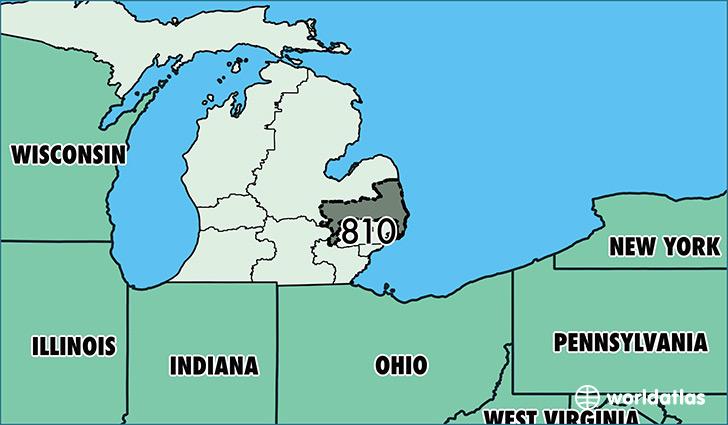 Map of Michigan with area code 810 highlighted
