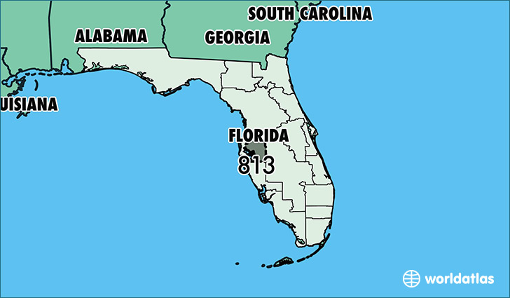 Map of Florida with area code 813 highlighted