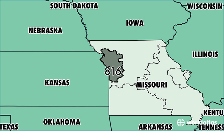 Map of Missouri with area code 816 highlighted