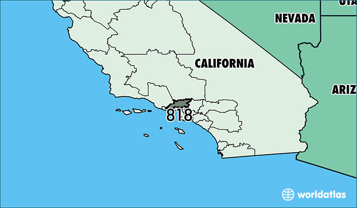 Map of California with area code 818 highlighted