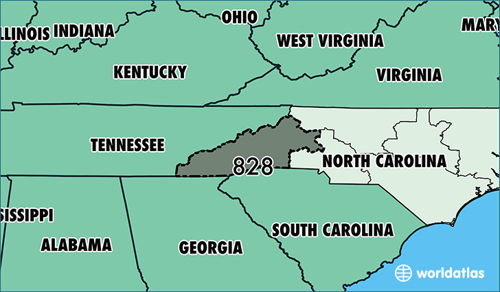 Map of North Carolina with area code 828 highlighted