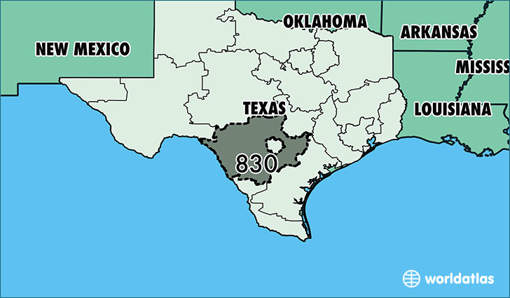 Map of Texas with area code 830 highlighted