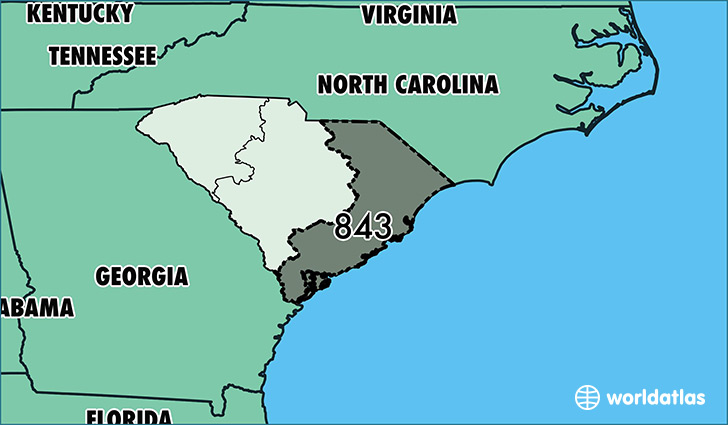 Map of South Carolina with area code 843 highlighted