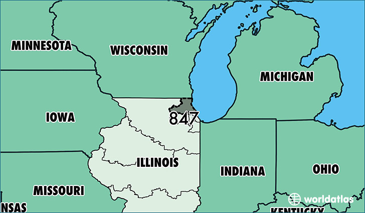 Map of Illinois with area code 847 highlighted