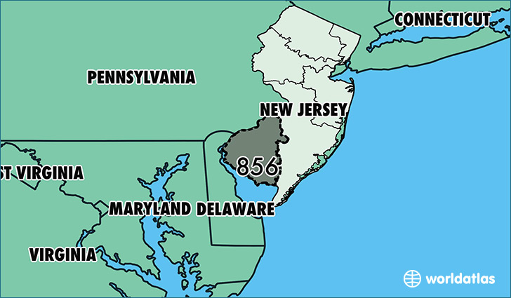 Map of New Jersey with area code 856 highlighted