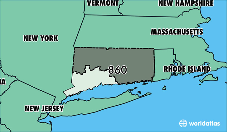 Map of Connecticut with area code 860 highlighted