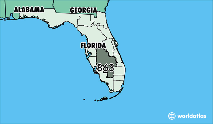 Map of Florida with area code 863 highlighted