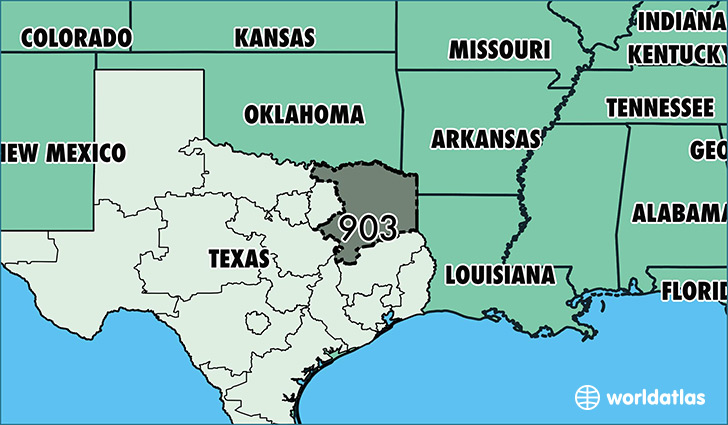 Map of Texas with area code 903 highlighted