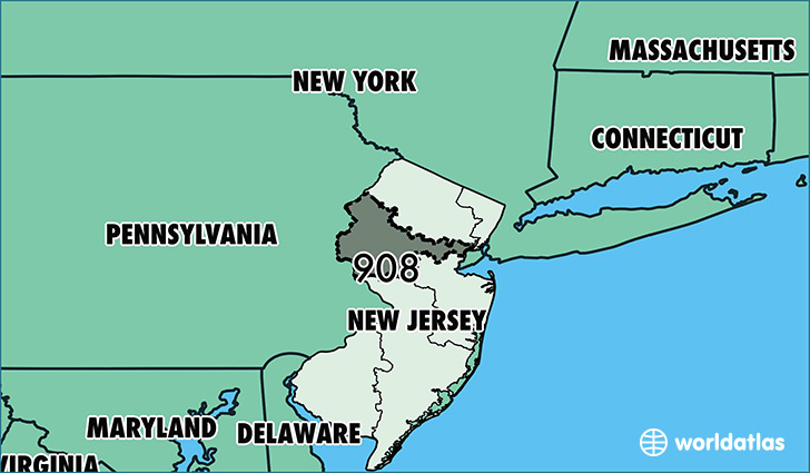 Map of New Jersey with area code 908 highlighted