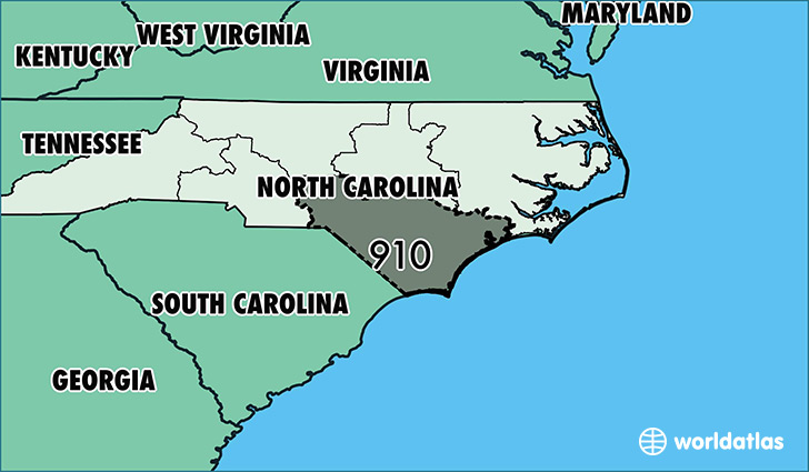 Map of North Carolina with area code 910 highlighted