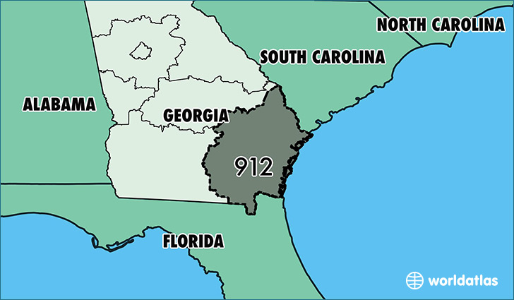 Map of Georgia with area code 912 highlighted