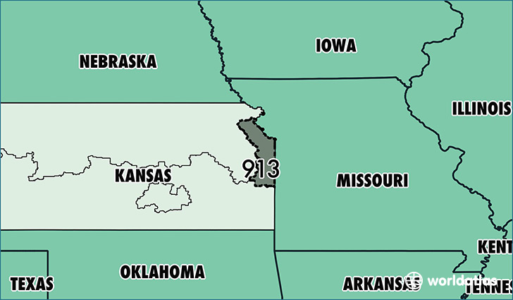 Map of Kansas with area code 913 highlighted