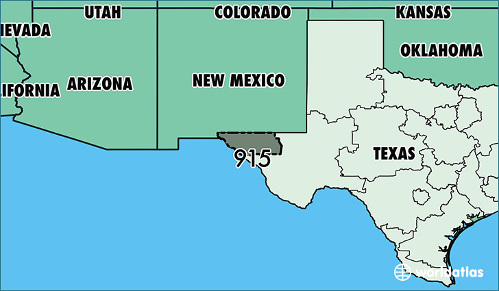 Map of Texas with area code 915 highlighted