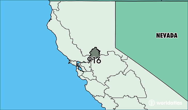 Map of California with area code 916 highlighted