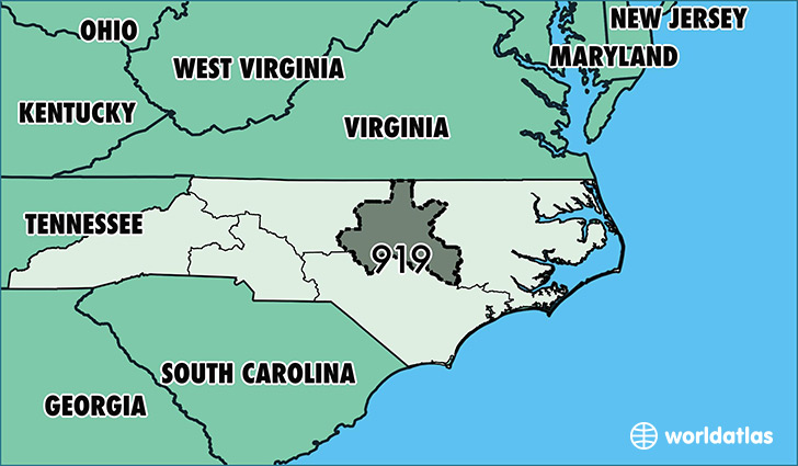 Map of North Carolina with area code 919 highlighted