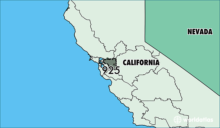 Map of California with area code 925 highlighted