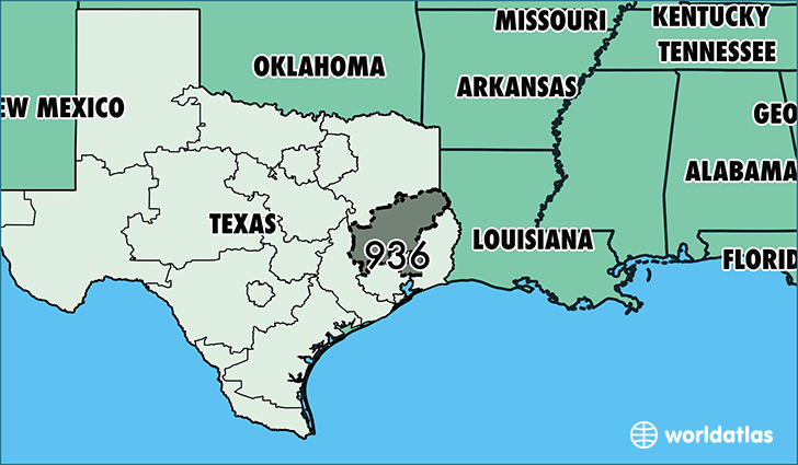 Map of Texas with area code 936 highlighted