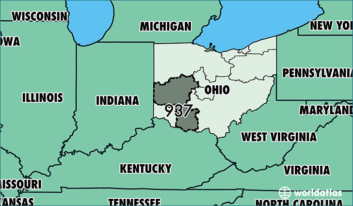 Map of Ohio with area code 937 highlighted