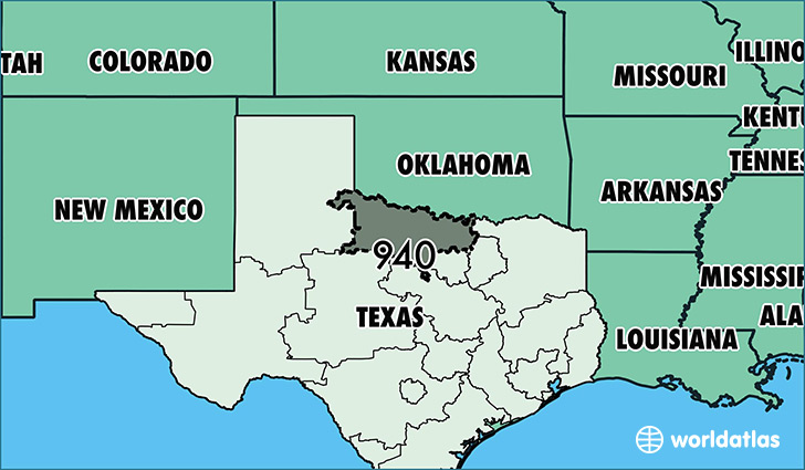 Map of Texas with area code 940 highlighted