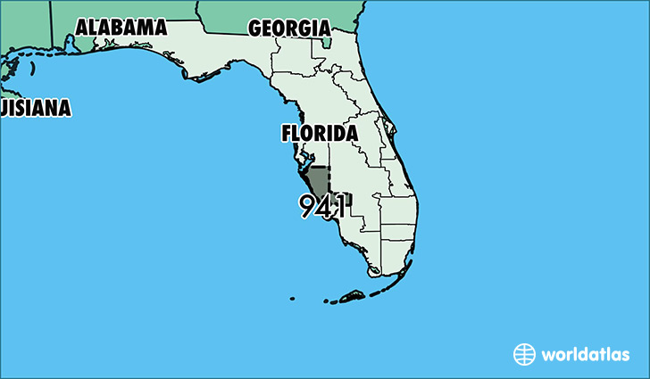 Map of Florida with area code 941 highlighted
