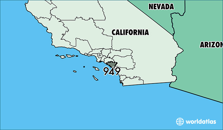 Map of California with area code 949 highlighted
