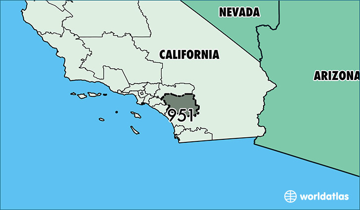 Map of California with area code 951 highlighted