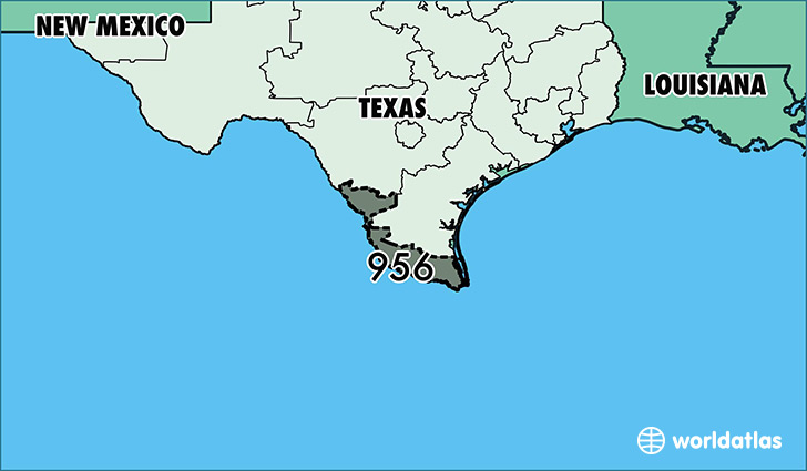 Map of Texas with area code 956 highlighted
