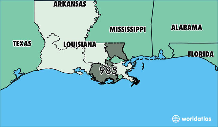 Map of Louisiana with area code 985 highlighted