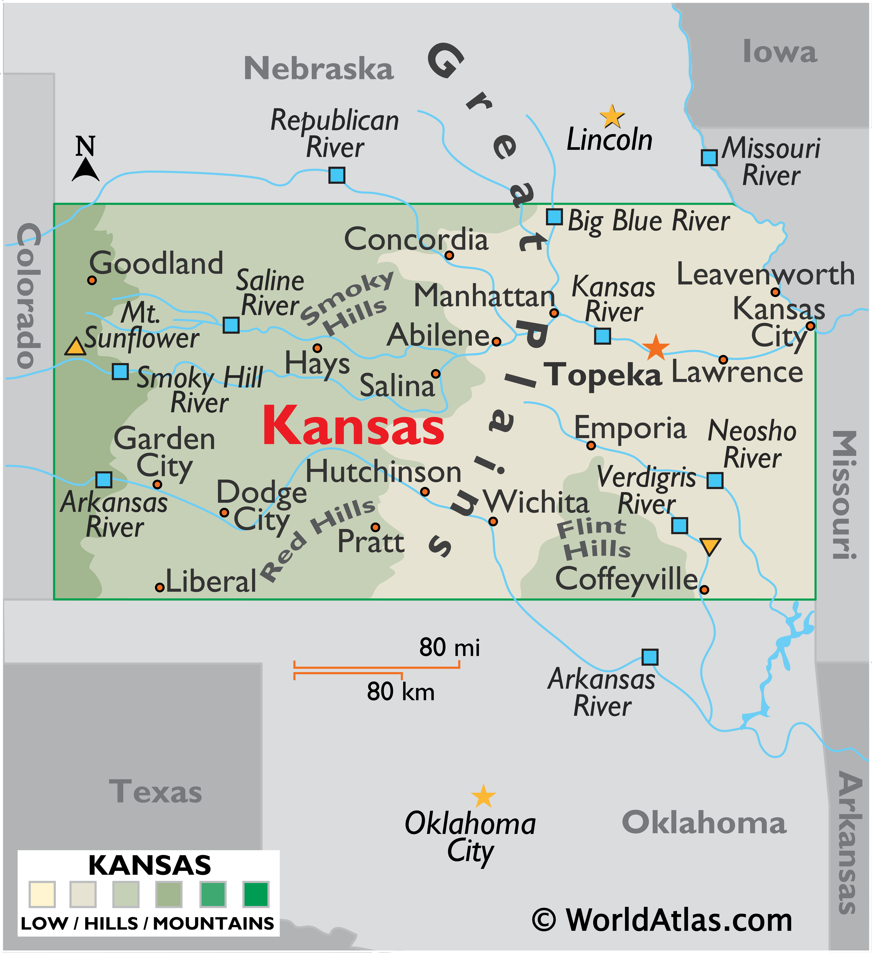 Map of Kansas, USA